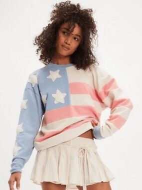 Free People x Tricia Fix Stars & Stripes Patriotic Sweatshirt Cotton Size XS